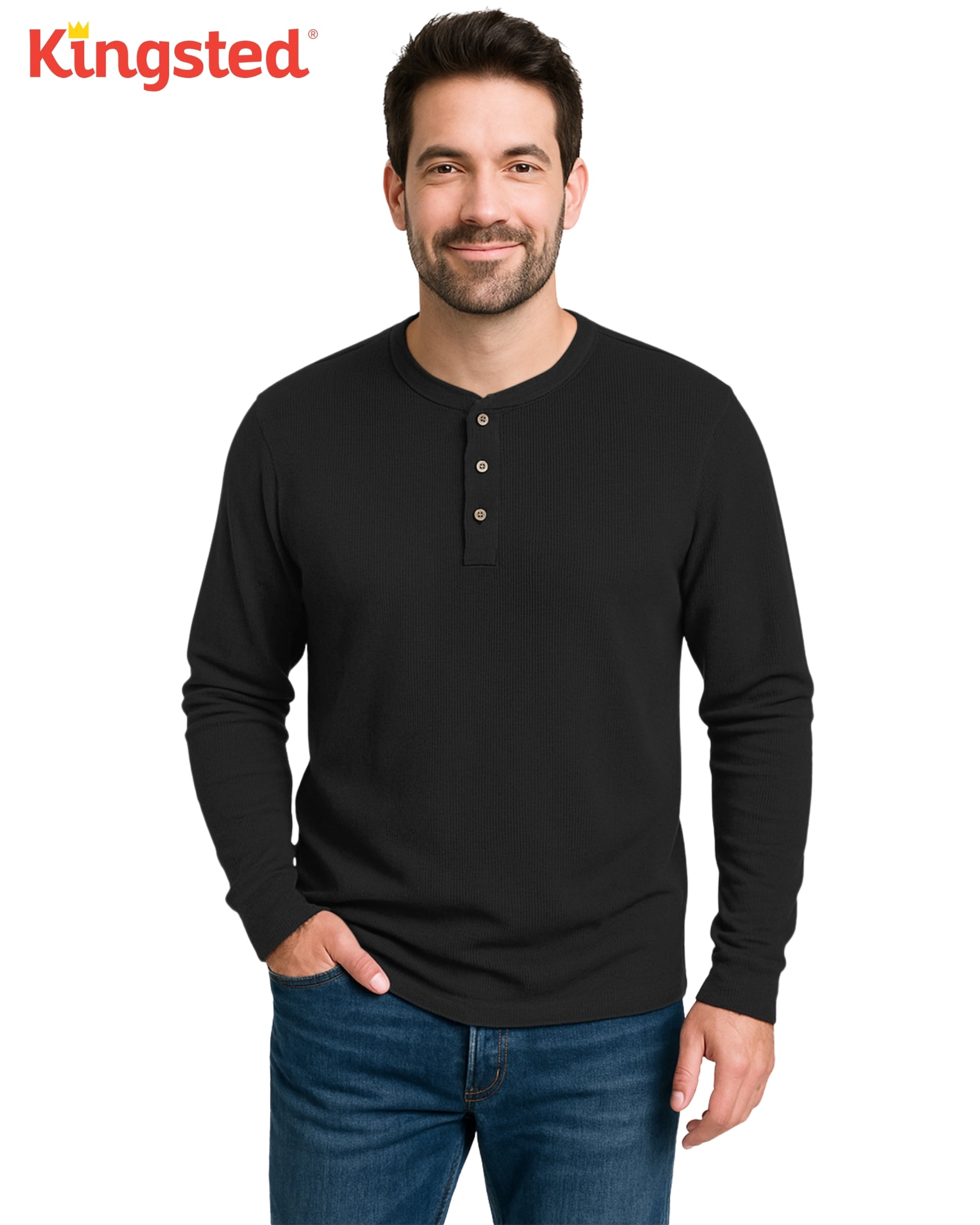 Long Sleeve Waffle Knit Henley (Black) - Kingsted