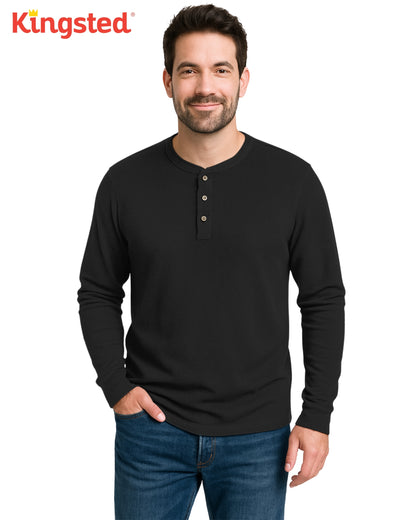 Long Sleeve Waffle Knit Henley (Black) - Kingsted