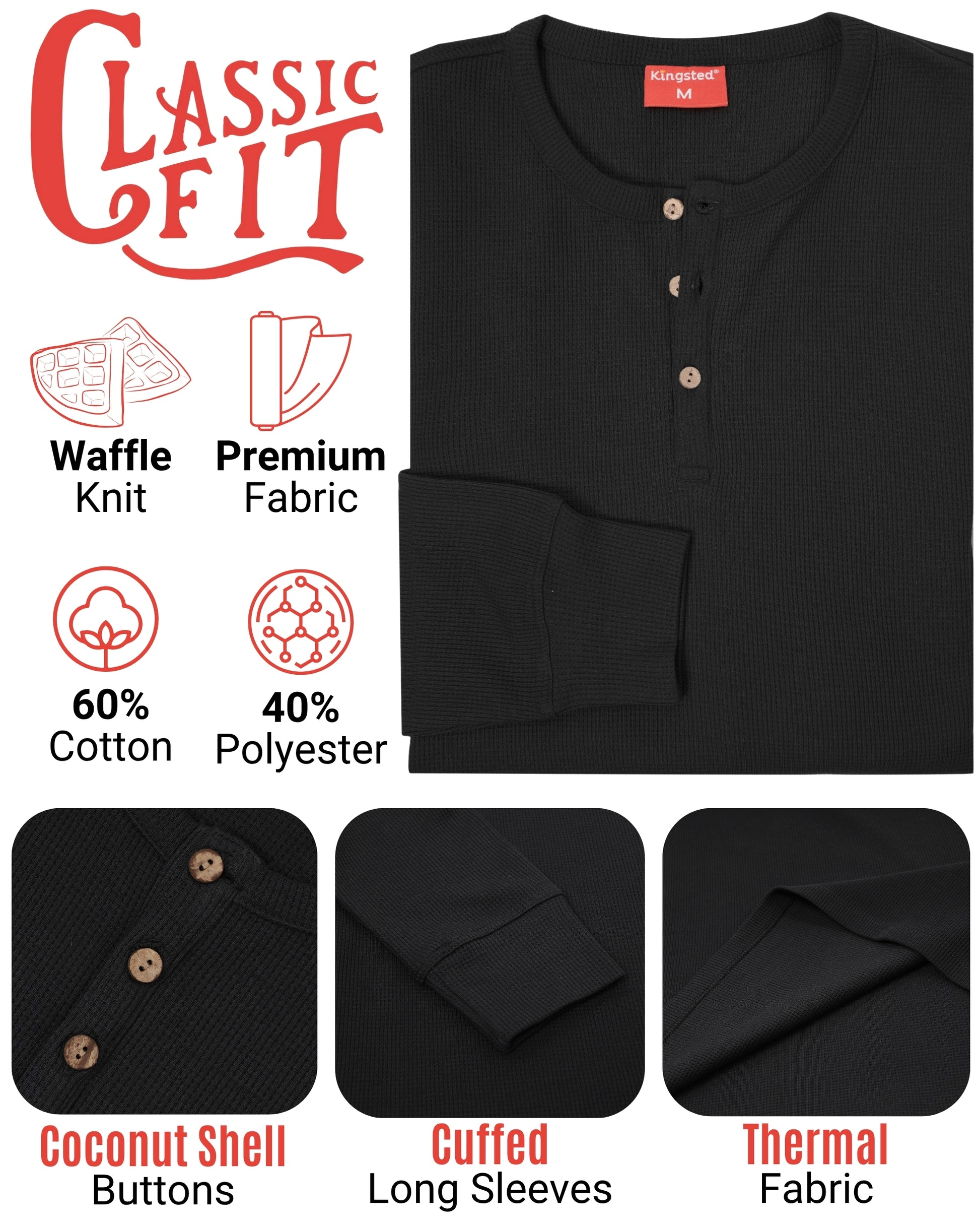 Long Sleeve Waffle Knit Henley (Black) - Kingsted