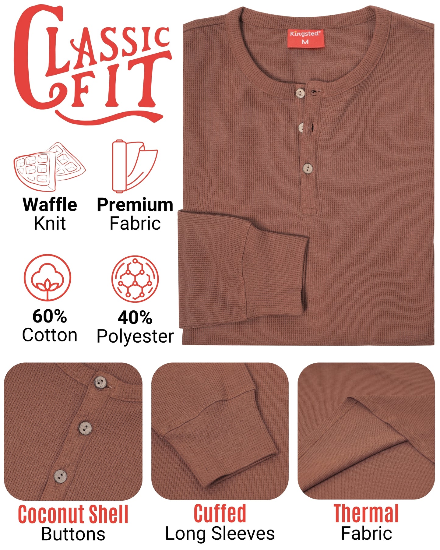 Long Sleeve Waffle Knit Henley (Brown) - Kingsted
