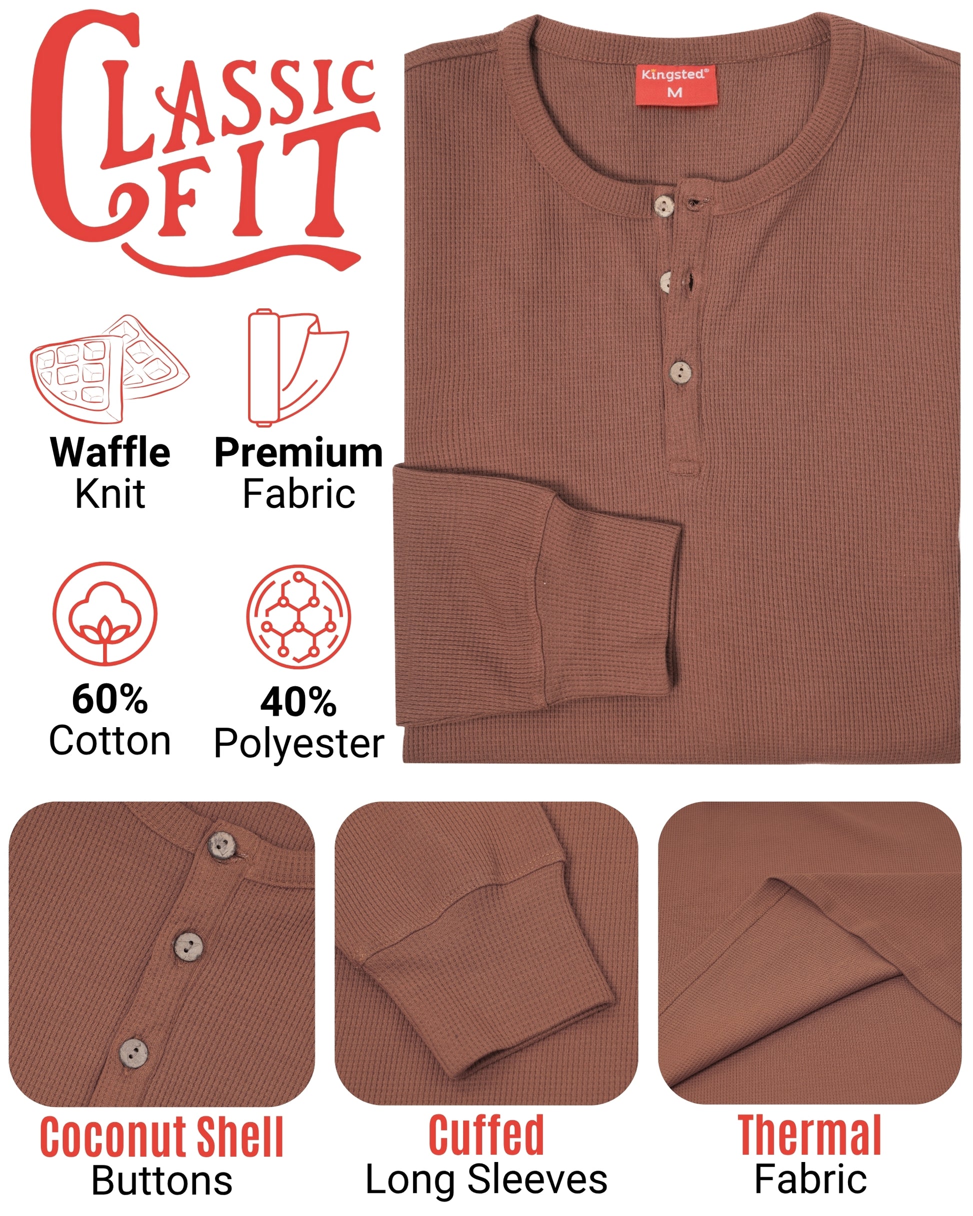 Long Sleeve Waffle Knit Henley (Brown) - Kingsted