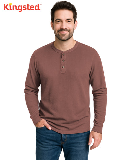 Long Sleeve Waffle Knit Henley (Brown) - Kingsted
