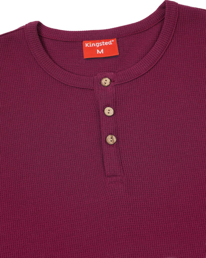 Long Sleeve Waffle Knit Henley (Burgundy) - Kingsted