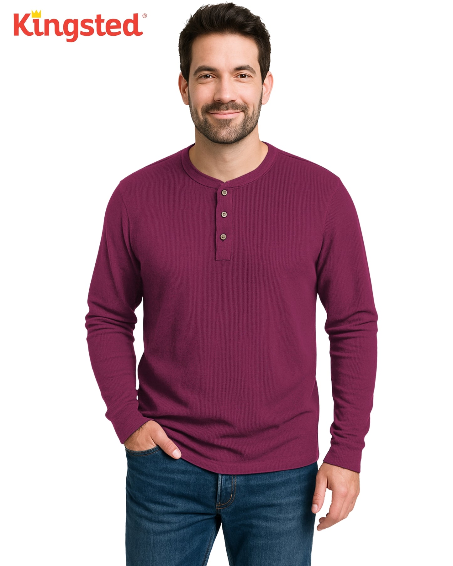 Long Sleeve Waffle Knit Henley (Burgundy) - Kingsted