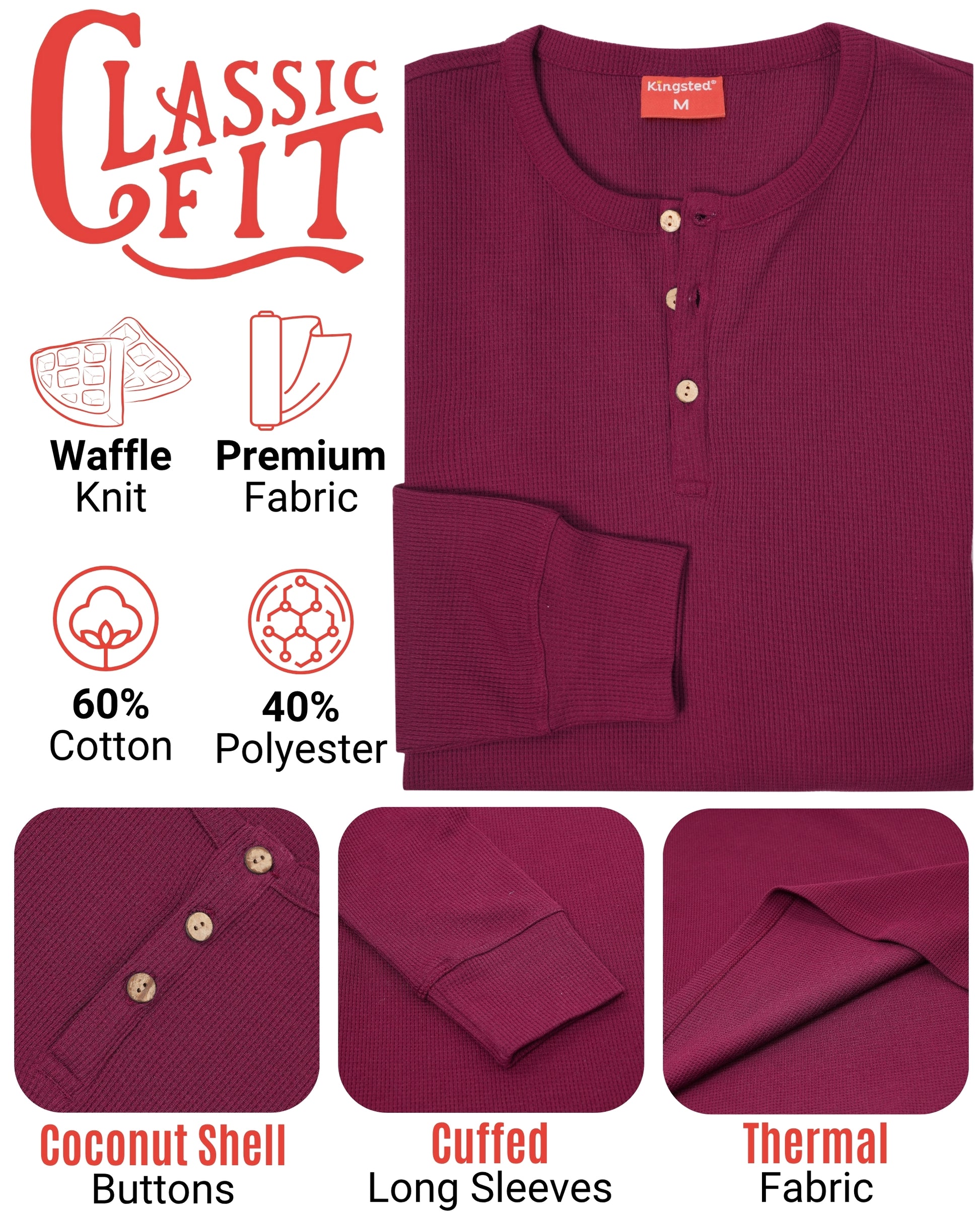 Long Sleeve Waffle Knit Henley (Burgundy) - Kingsted