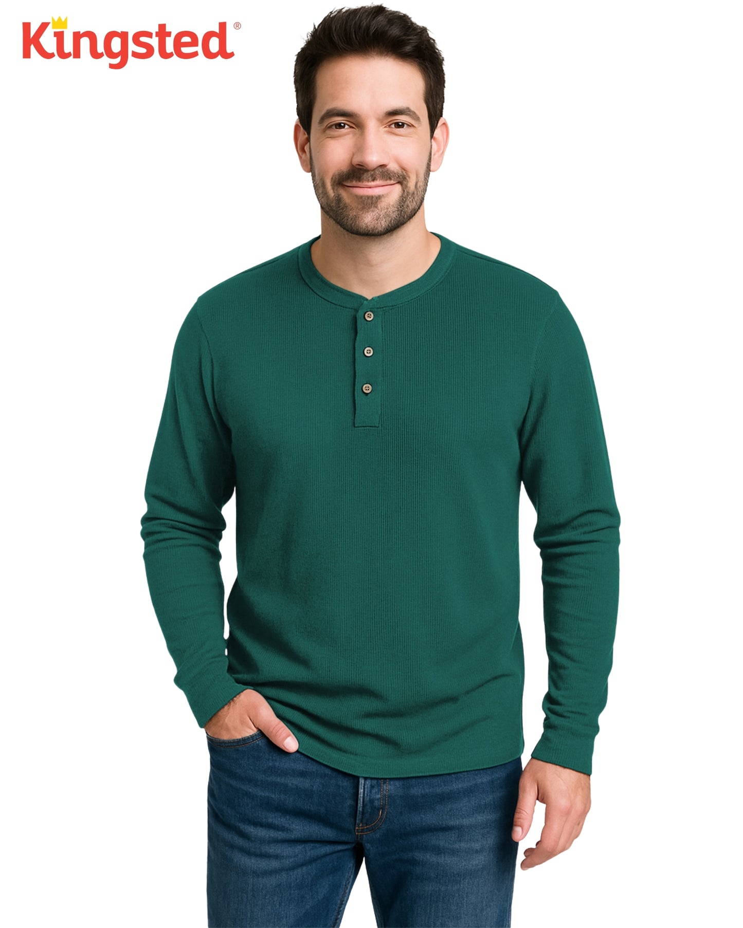 Long Sleeve Waffle Knit Henley (Dark Green) - Kingsted