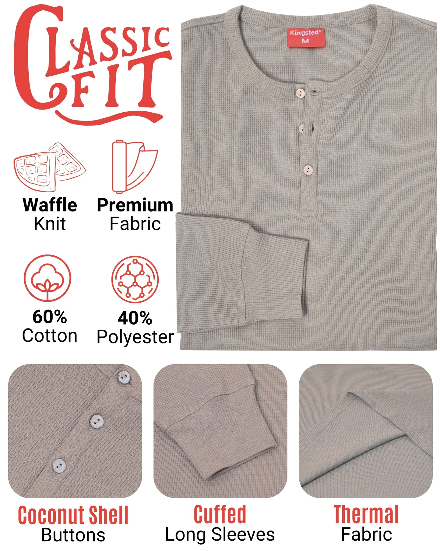 Long Sleeve Waffle Knit Henley (Grey) - Kingsted