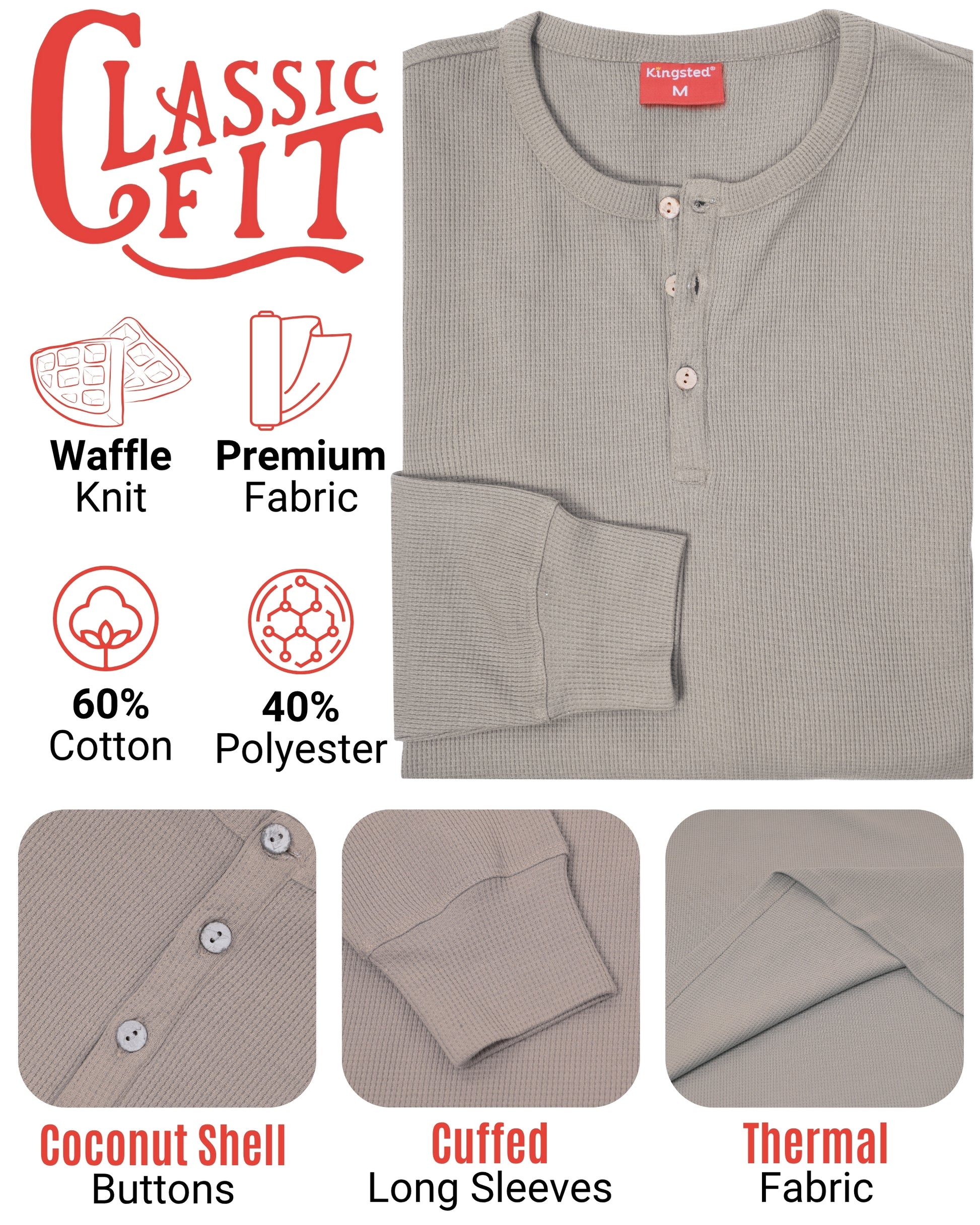 Long Sleeve Waffle Knit Henley (Grey) - Kingsted