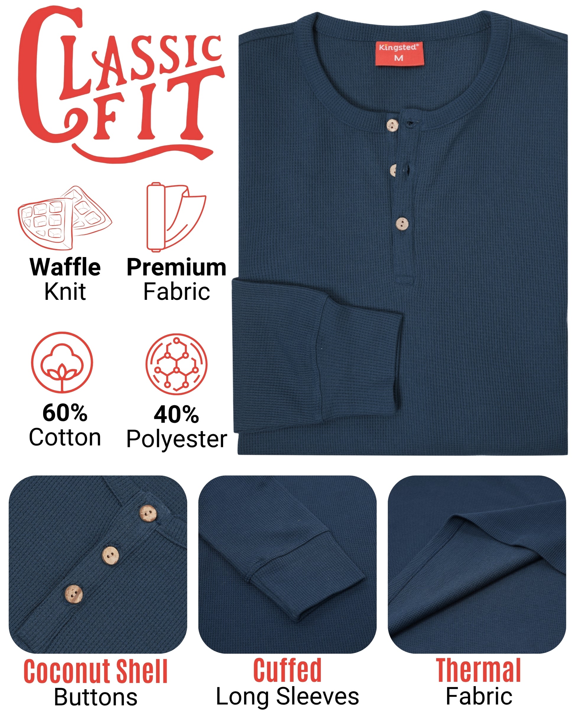 Long Sleeve Waffle Knit Henley (Navy Blue) - Kingsted