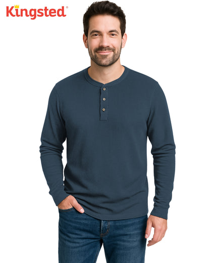Long Sleeve Waffle Knit Henley (Navy Blue) - Kingsted