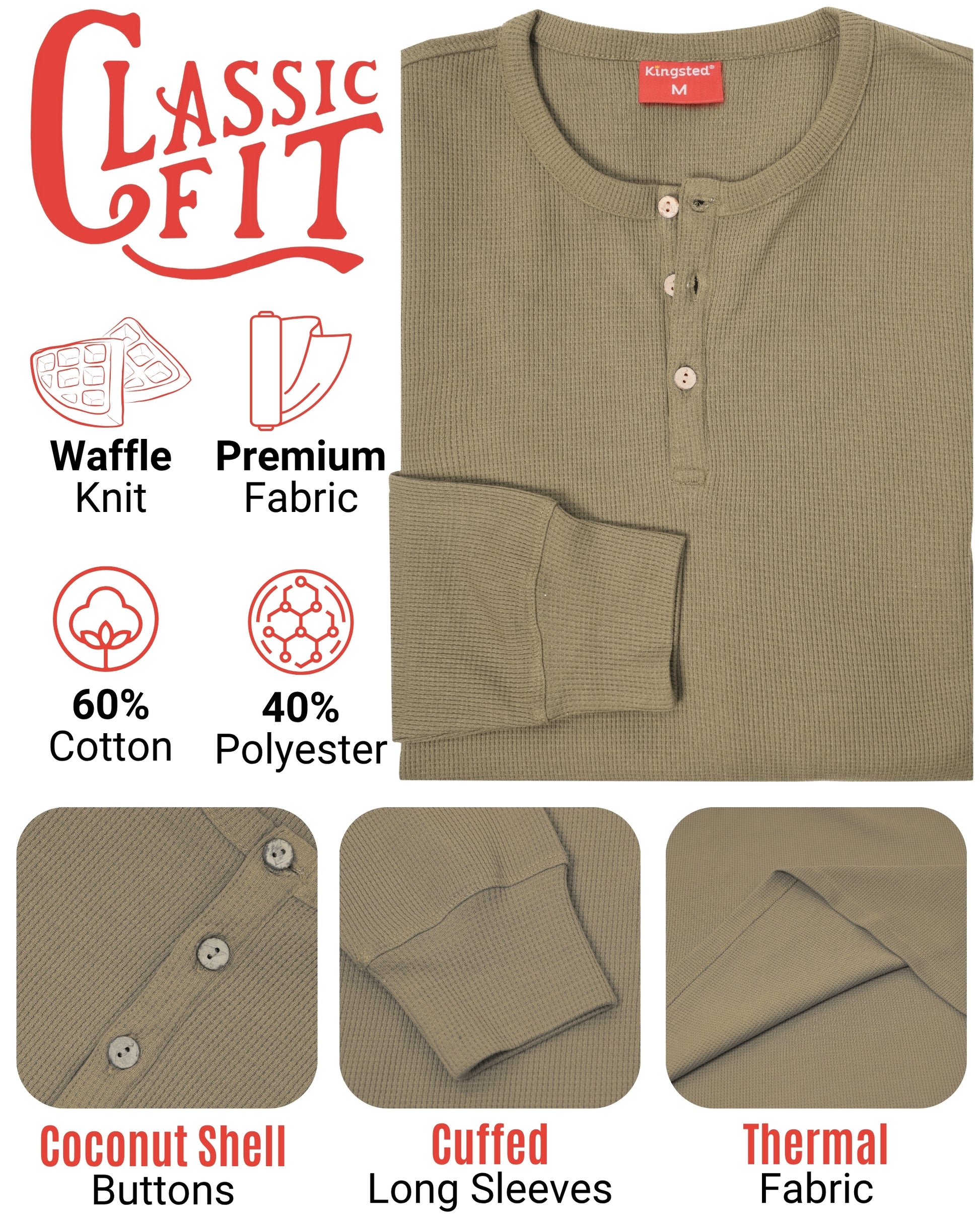 Long Sleeve Waffle Knit Henley (Olive Green) - Kingsted