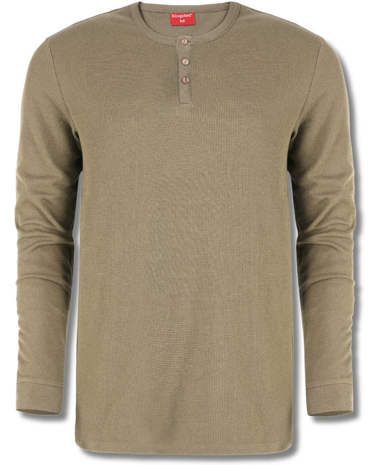 Long Sleeve Waffle Knit Henley (Olive Green) - Kingsted