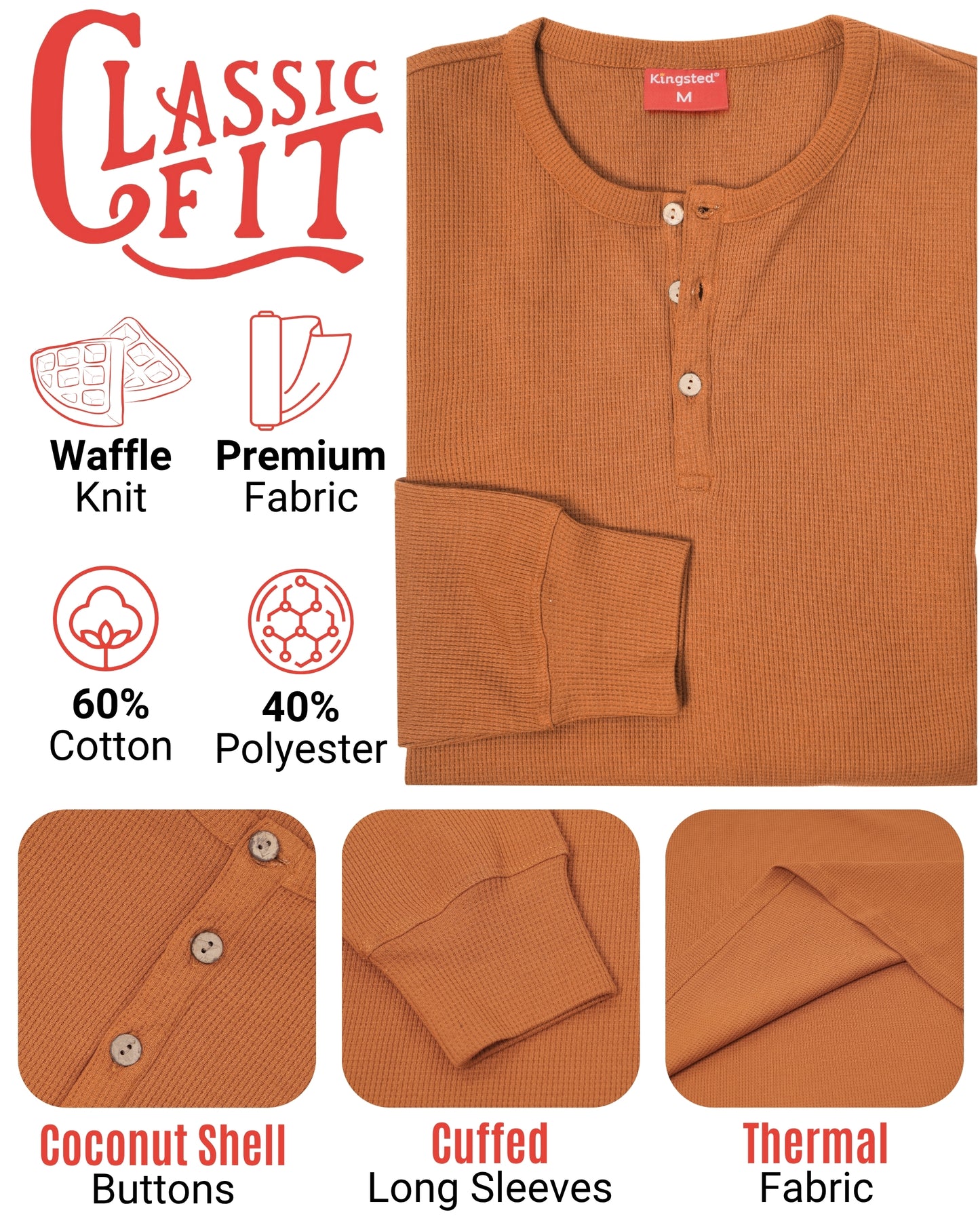 Long Sleeve Waffle Knit Henley (Rust) - Kingsted