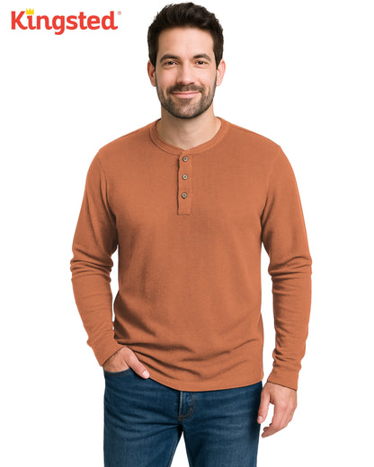 Long Sleeve Waffle Knit Henley (Rust) - Kingsted