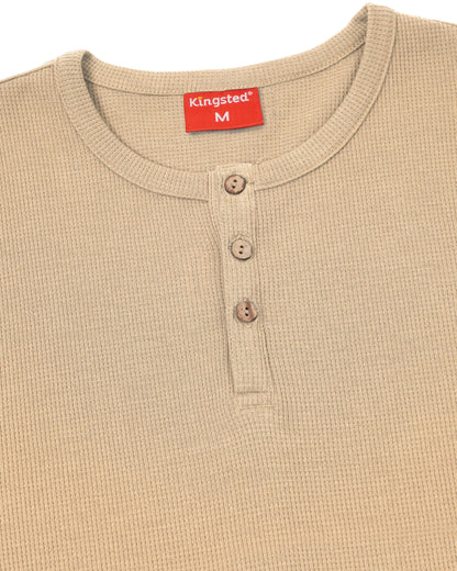 Long Sleeve Waffle Knit Henley (Sand) - Kingsted