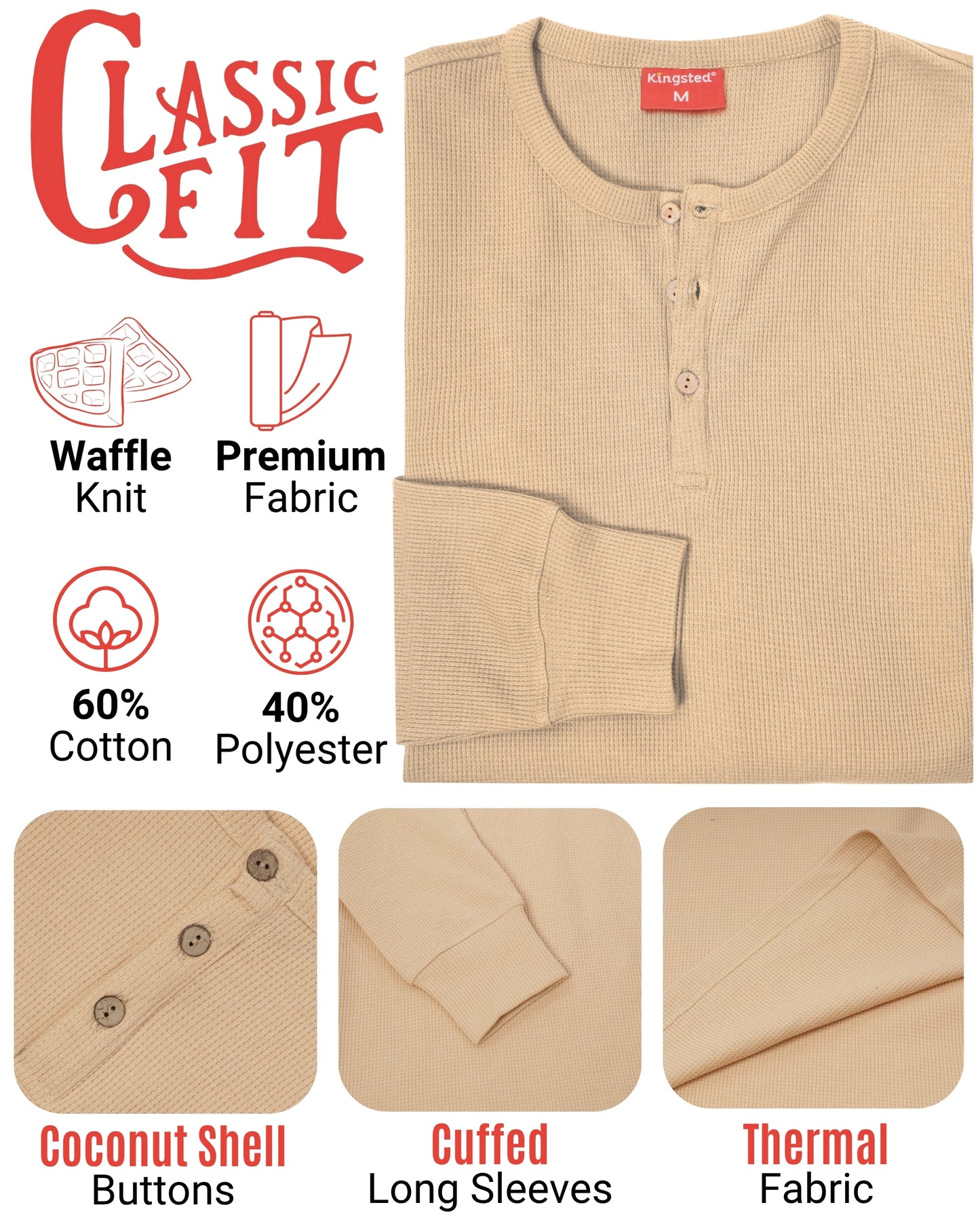 Long Sleeve Waffle Knit Henley (Sand) - Kingsted