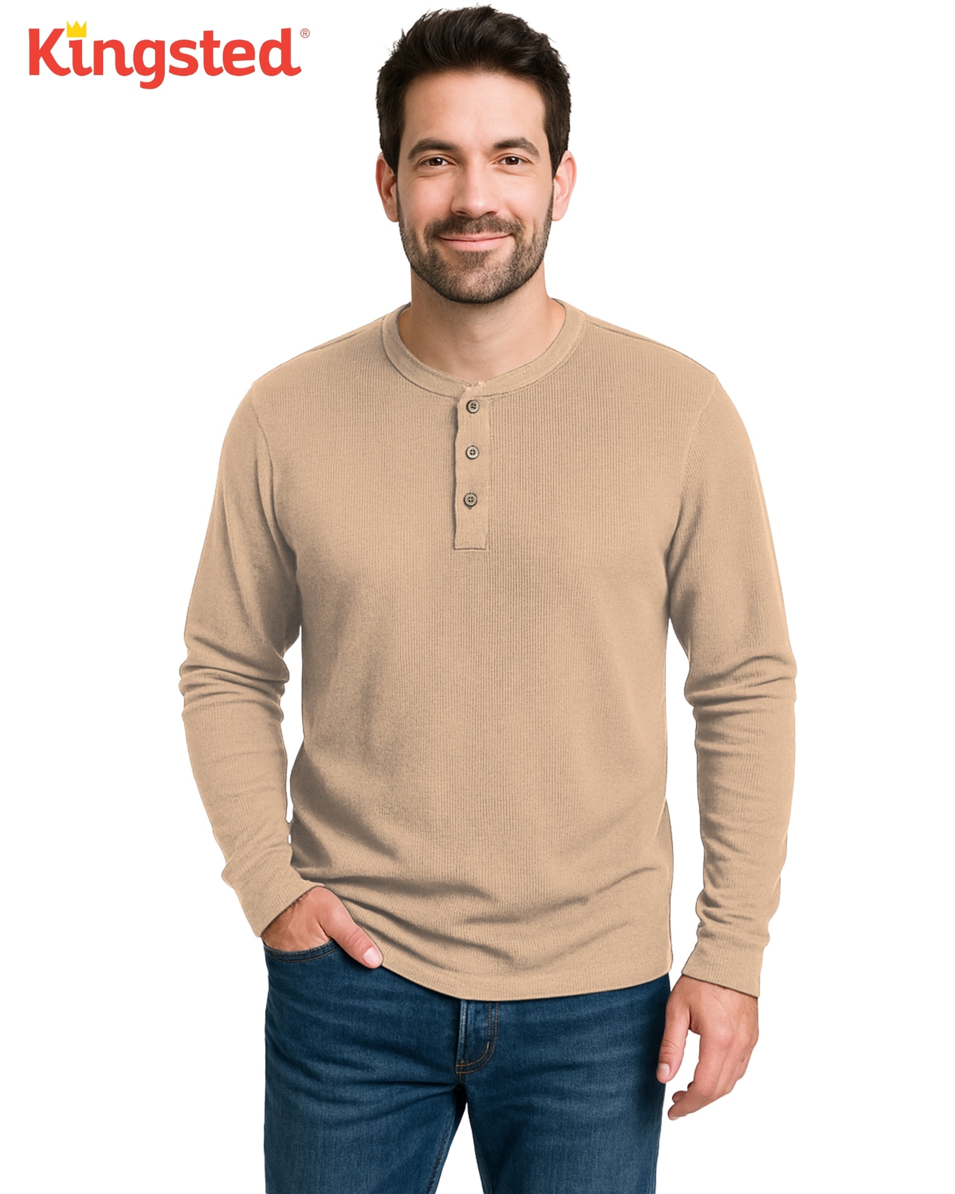 Long Sleeve Waffle Knit Henley (Sand) - Kingsted