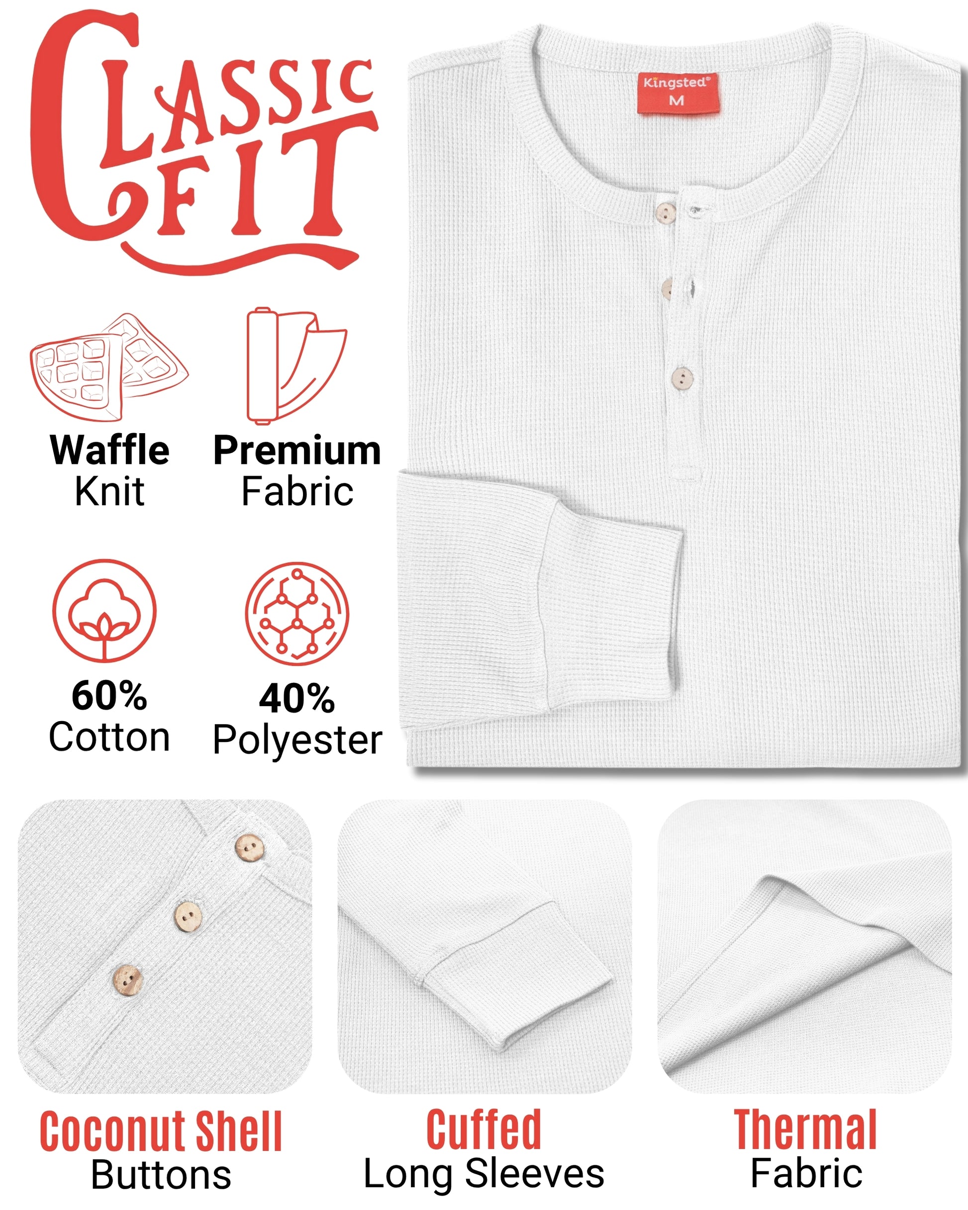 Long Sleeve Waffle Knit Henley (White) - Kingsted
