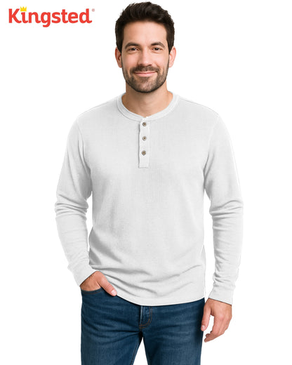 Long Sleeve Waffle Knit Henley (White) - Kingsted