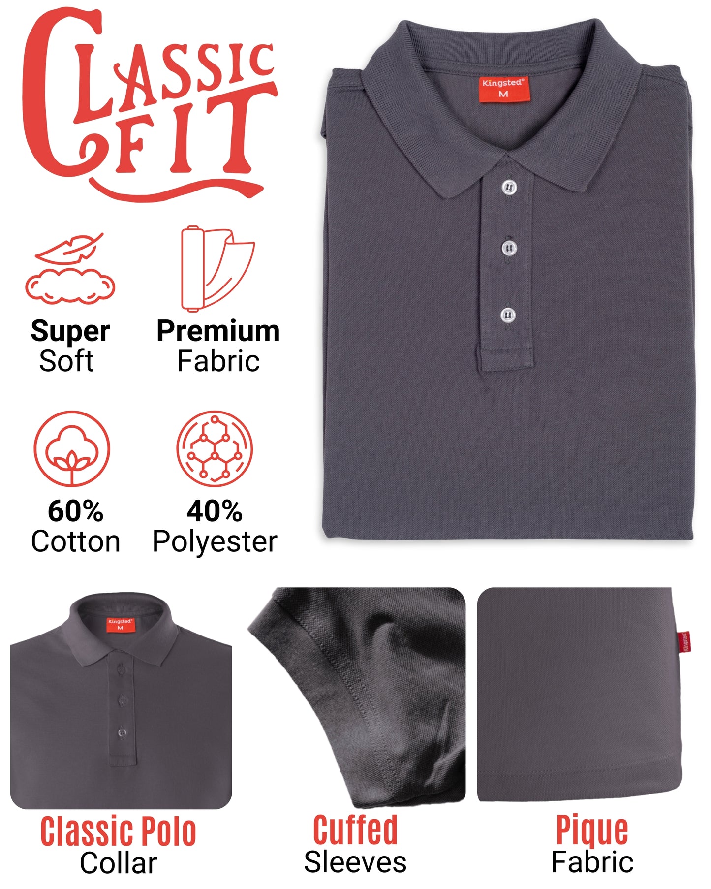 Classic Pique Polo Shirts for Men (Charcoal)