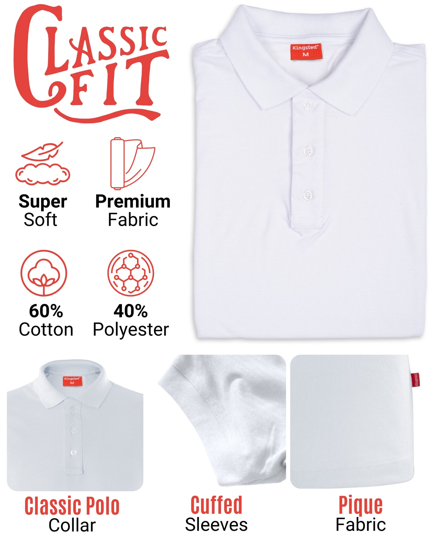 Classic Pique Polo Shirts for Men (White)