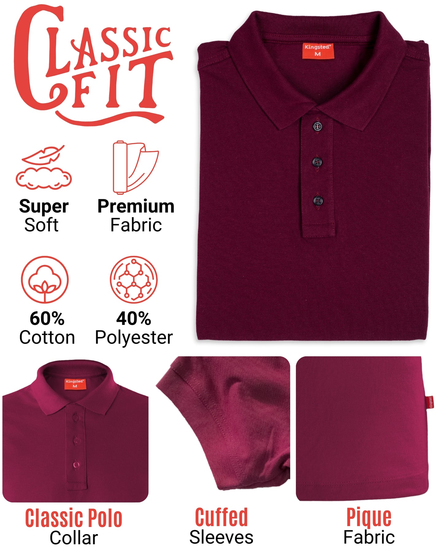 Classic Pique Polo Shirts for Men (Red Wine)