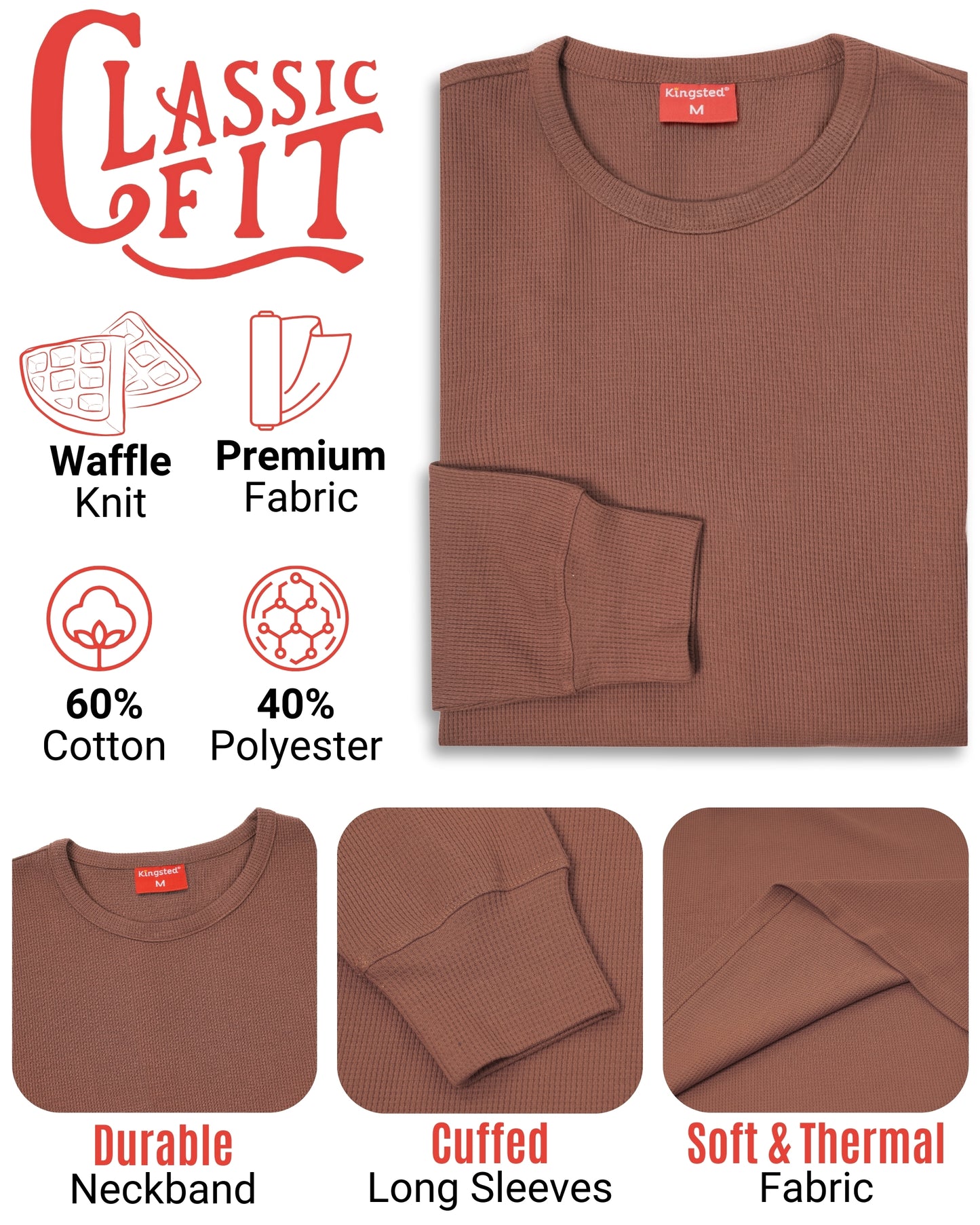 Long Sleeve Thermal Waffle Knit Shirts (Brown) - Kingsted