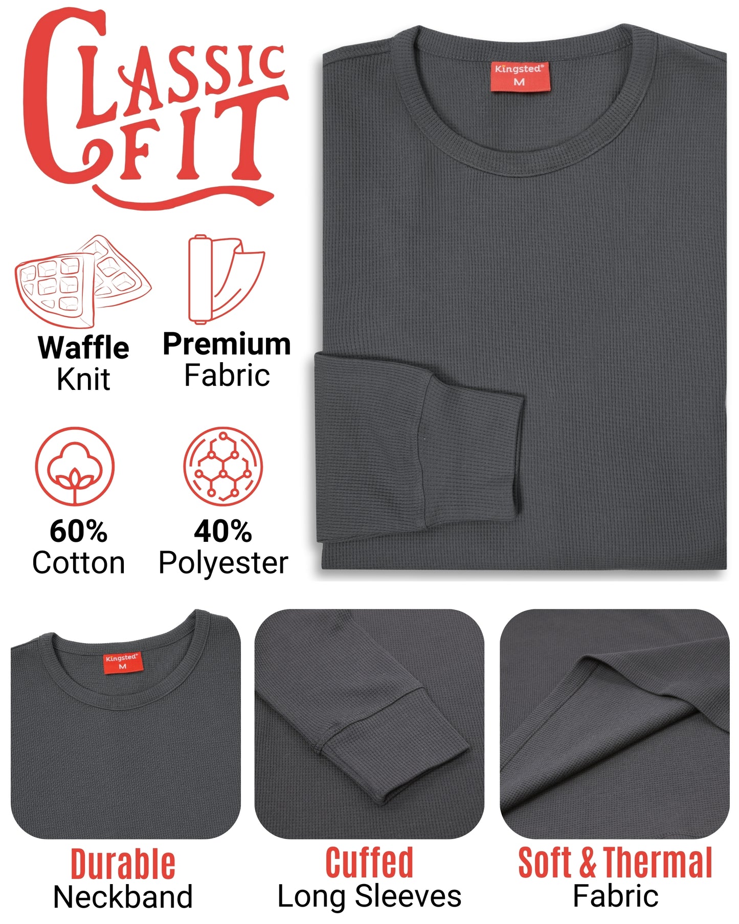 Long Sleeve Thermal Waffle Knit Shirts Multipack (Monochrome 3-Pack) - Kingsted