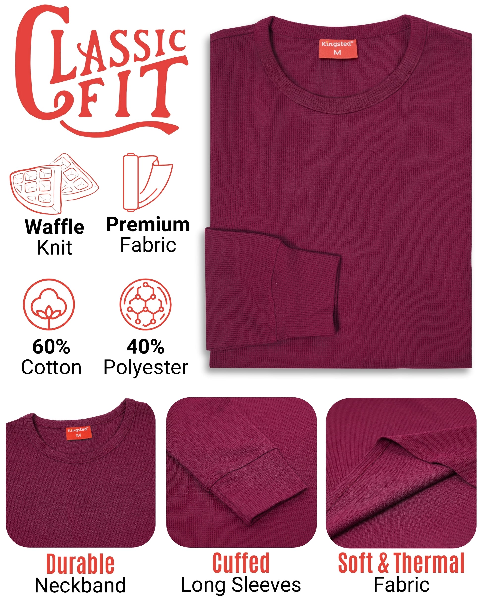 Long Sleeve Thermal Waffle Knit Shirts (Burgundy) - Kingsted