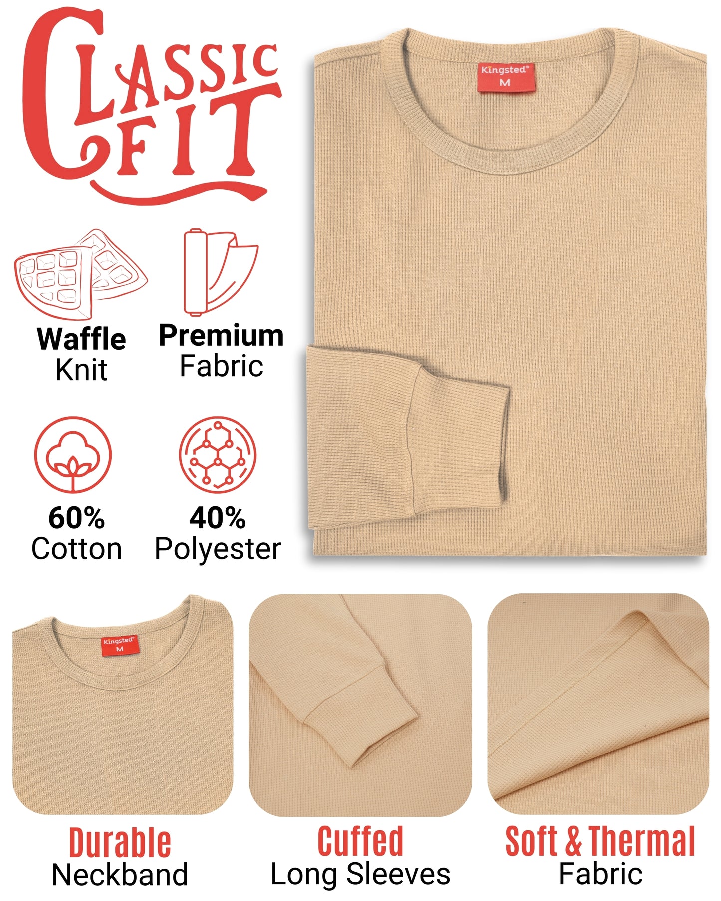 Long Sleeve Thermal Waffle Knit Shirts (Sand) - Kingsted