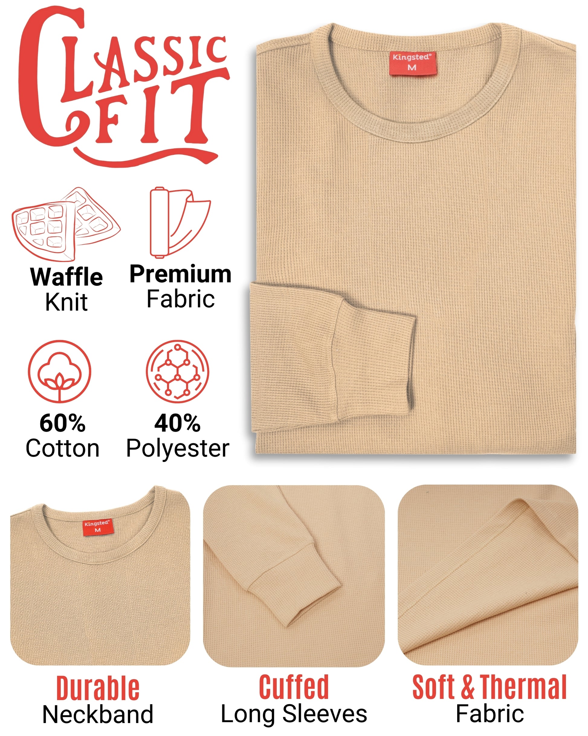 Long Sleeve Thermal Waffle Knit Shirts (Sand) - Kingsted