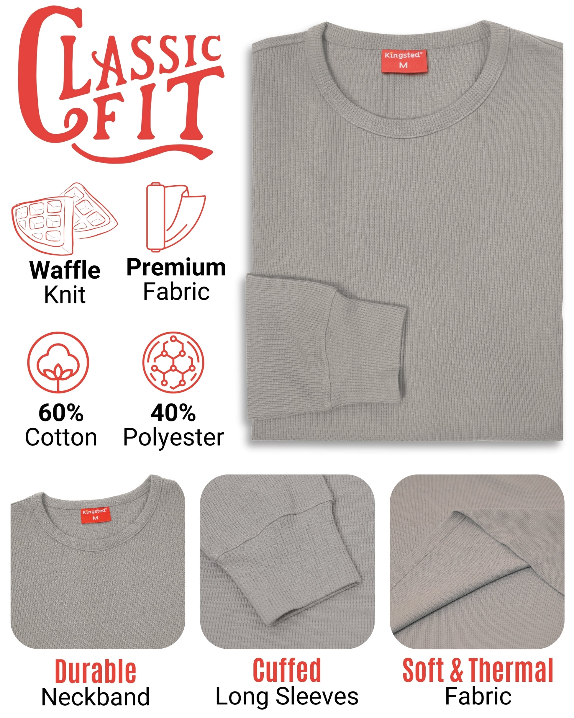 Long Sleeve Thermal Waffle Knit Shirts (Grey) - Kingsted