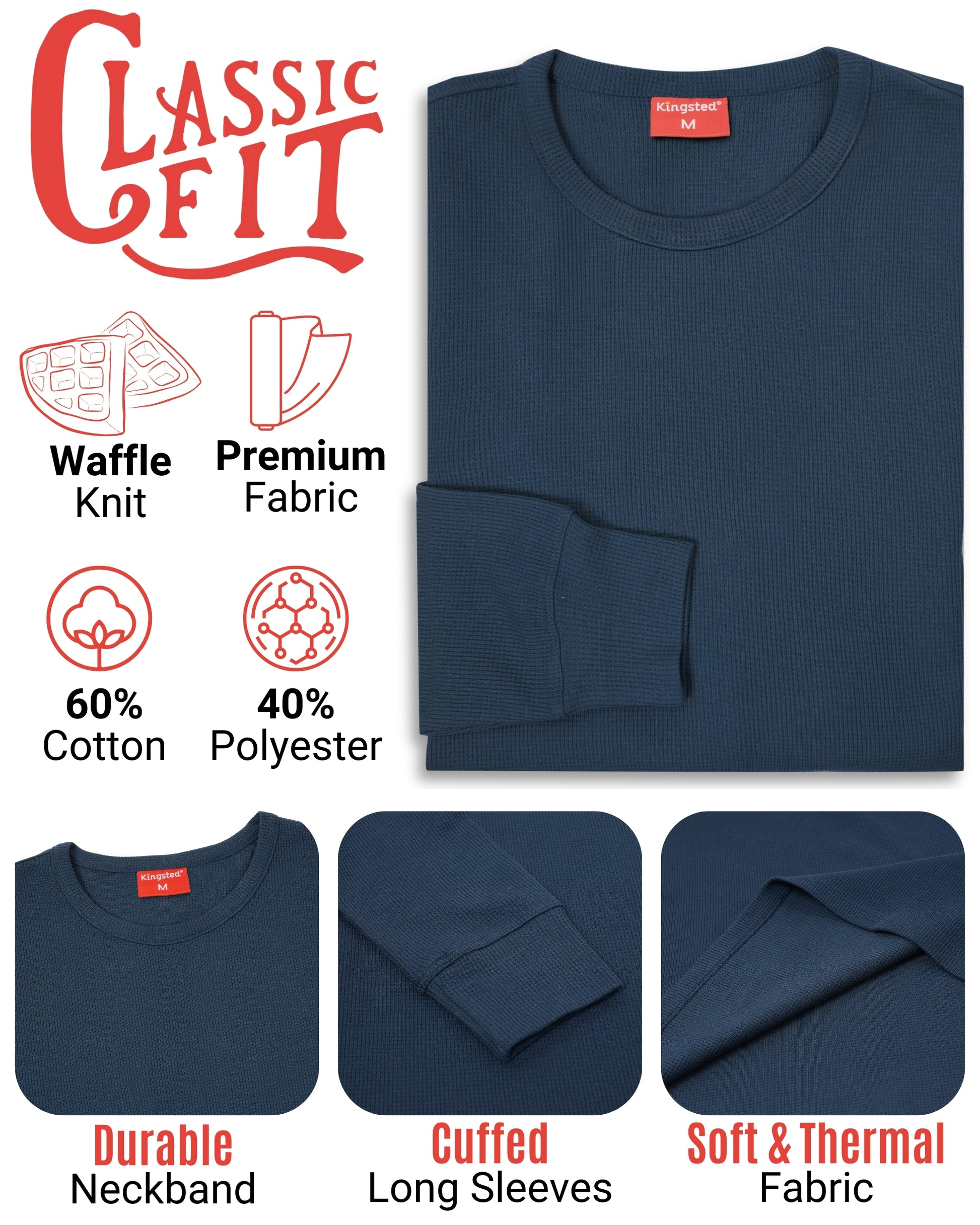 Long Sleeve Thermal Waffle Knit Shirts (Navy Blue) - Kingsted