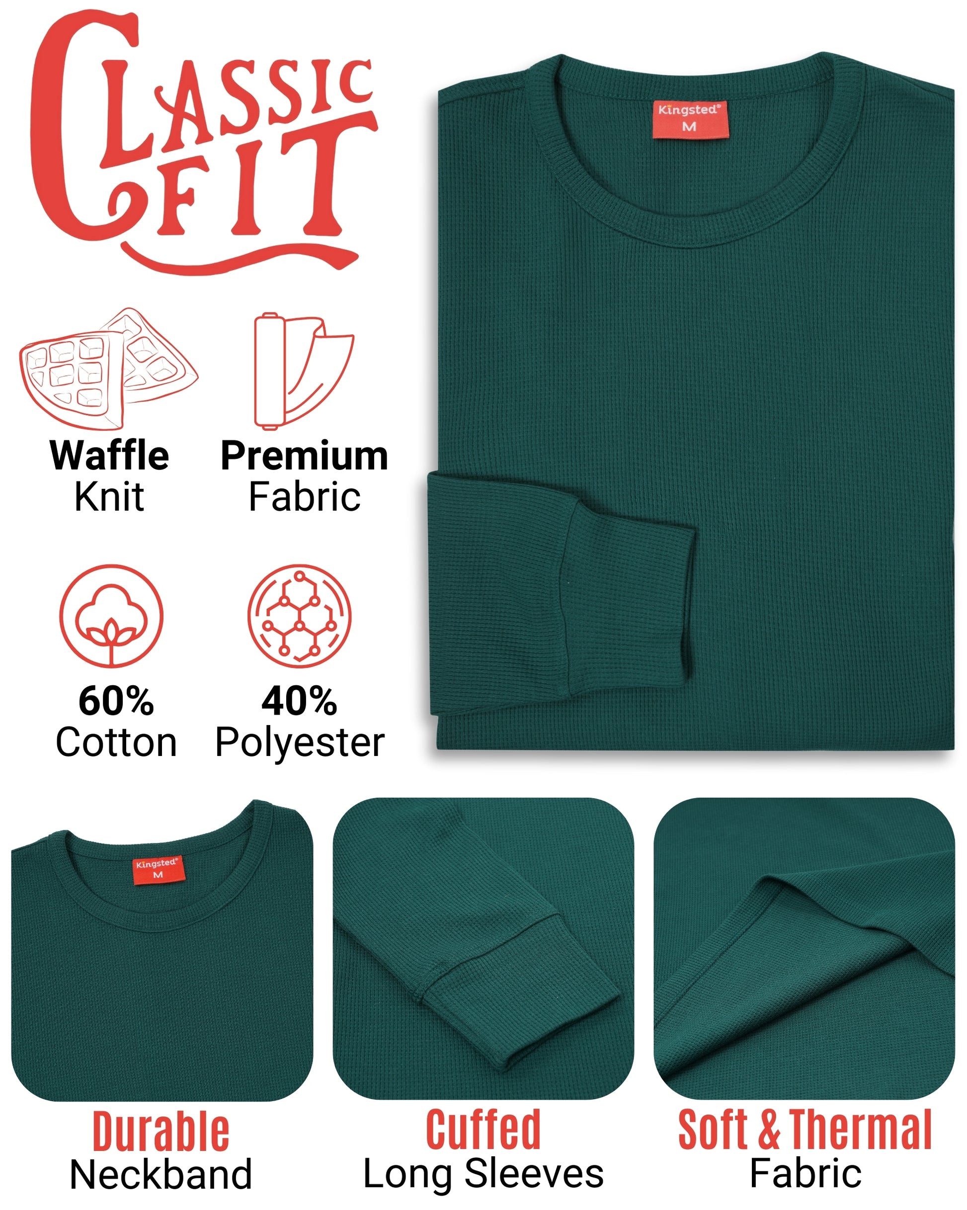 Long Sleeve Thermal Waffle Knit Shirts (Dark Green) - Kingsted
