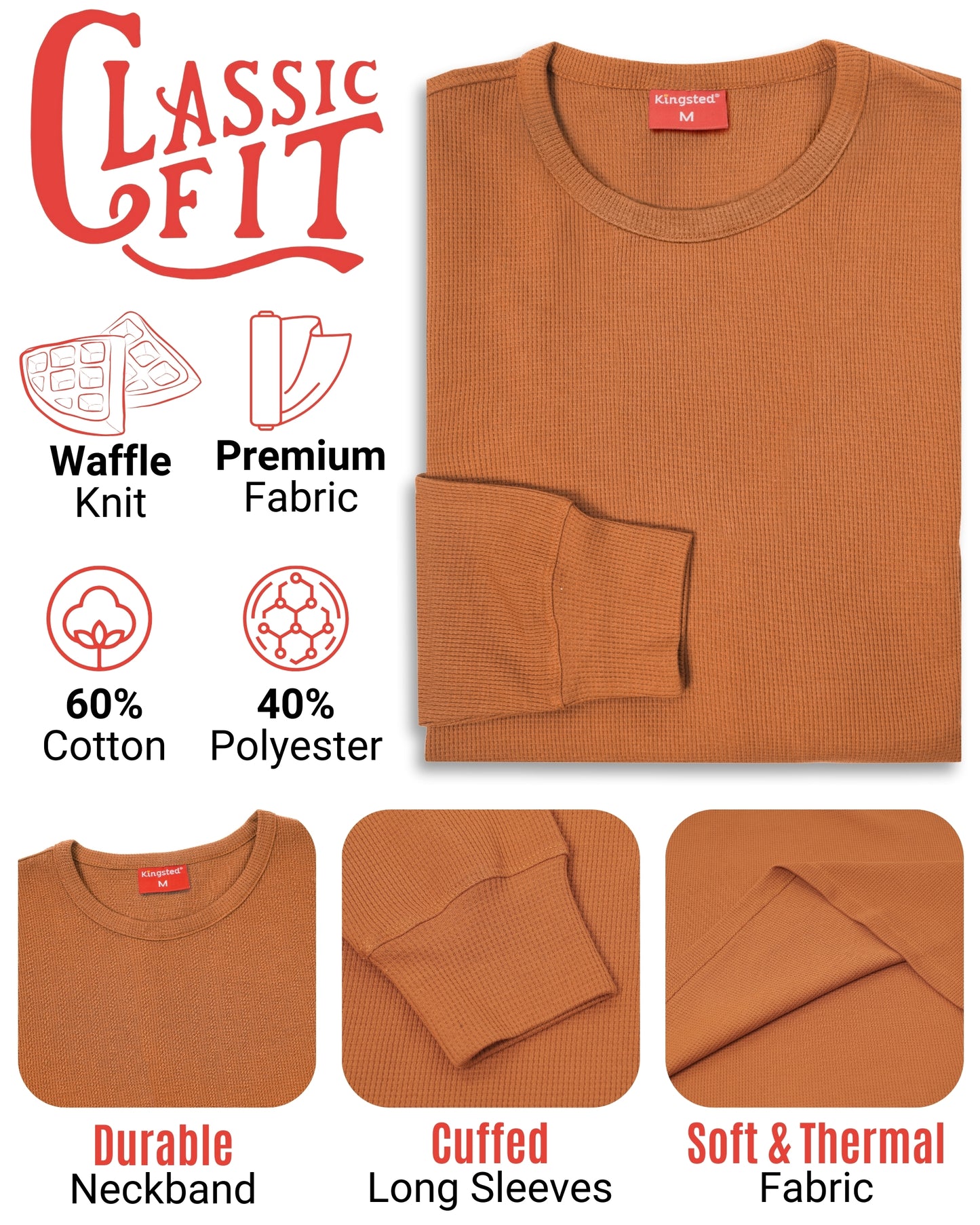 Long Sleeve Thermal Waffle Knit Shirts (Rust) - Kingsted