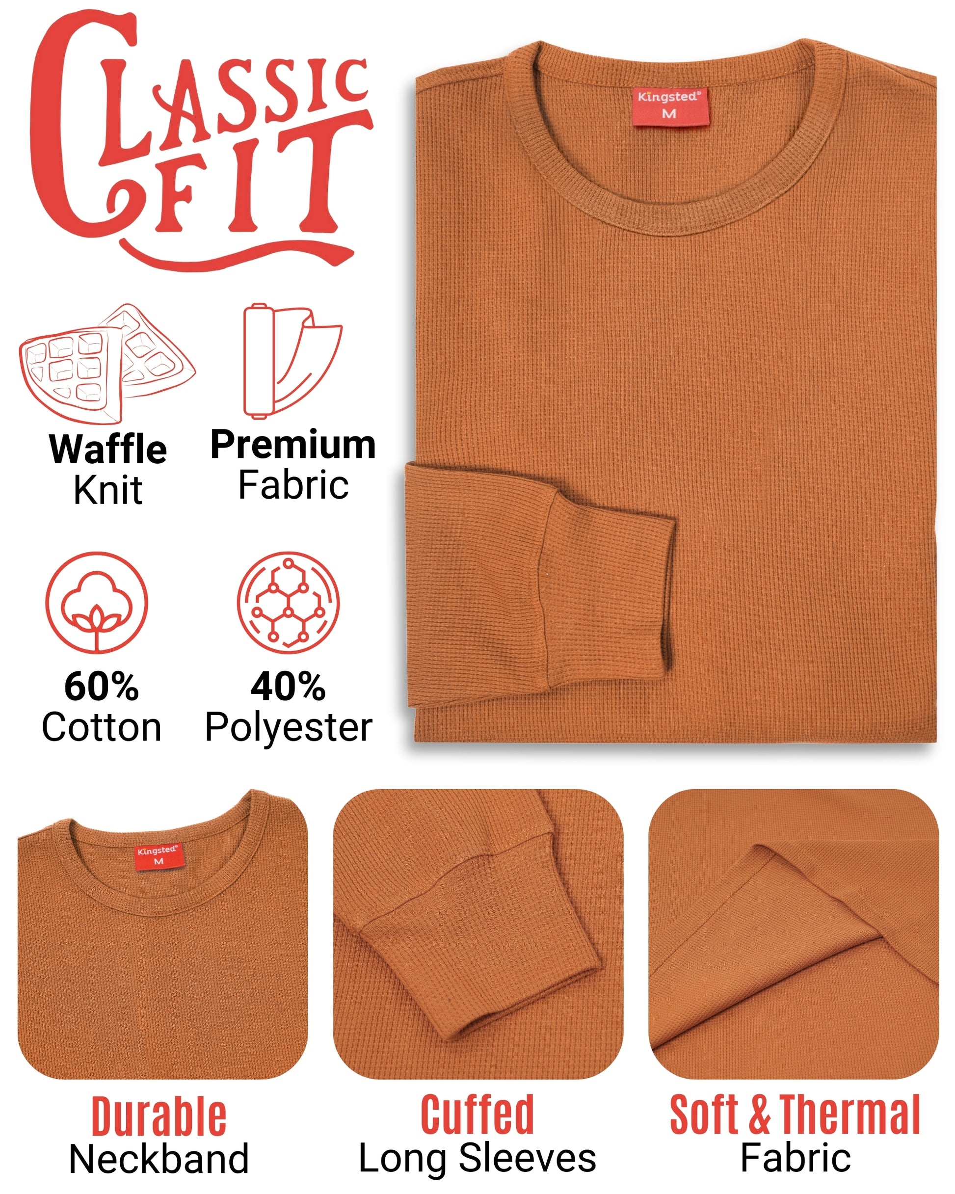 Long Sleeve Thermal Waffle Knit Shirts (Rust) - Kingsted