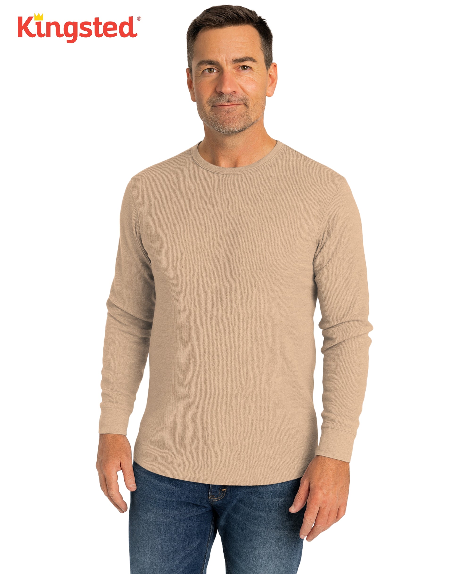 Long Sleeve Thermal Waffle Knit Shirts (Sand) - Kingsted