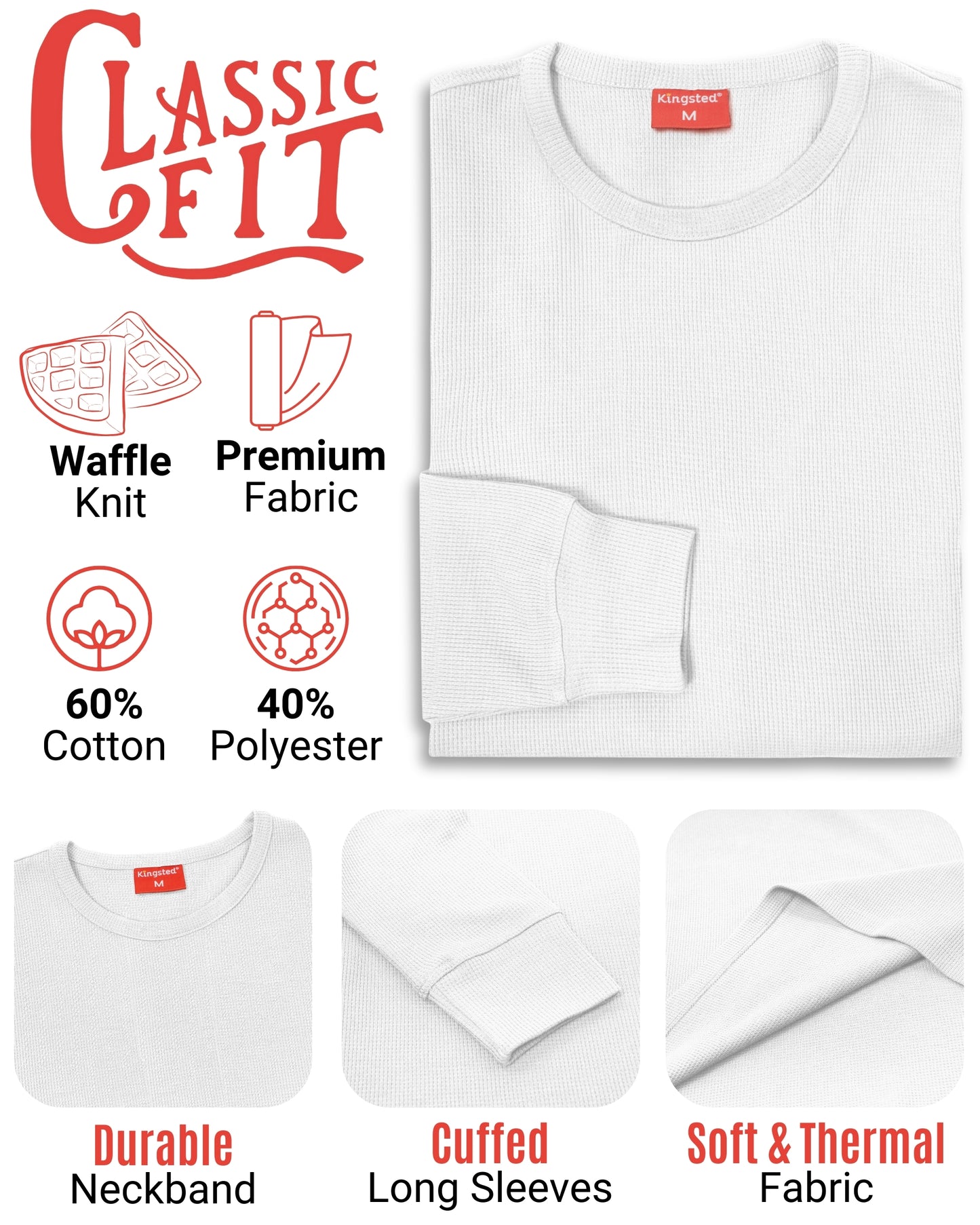Long Sleeve Thermal Waffle Knit Shirts (White) - Kingsted