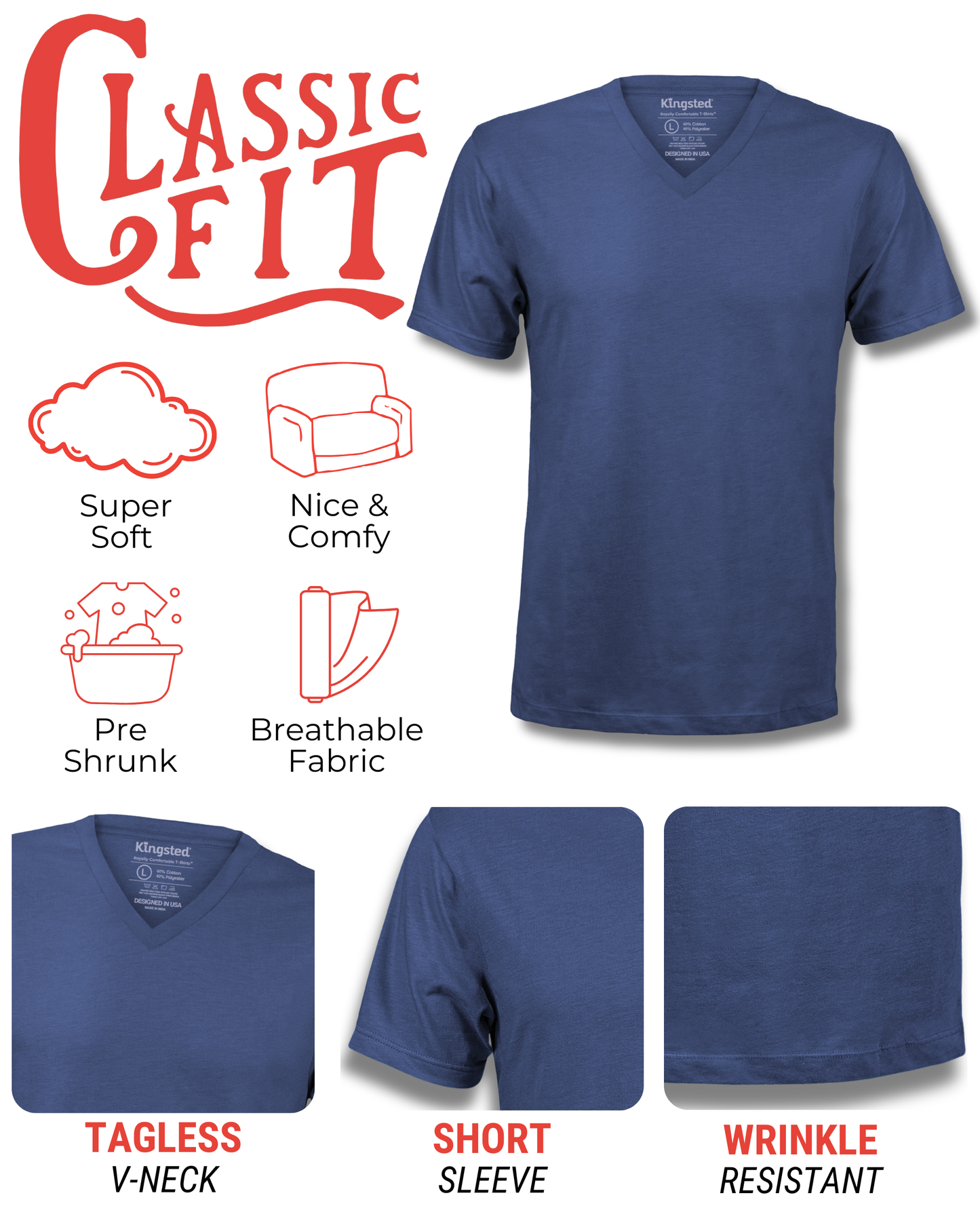 Short Sleeve V-Neck T-Shirts (Navy Blue)