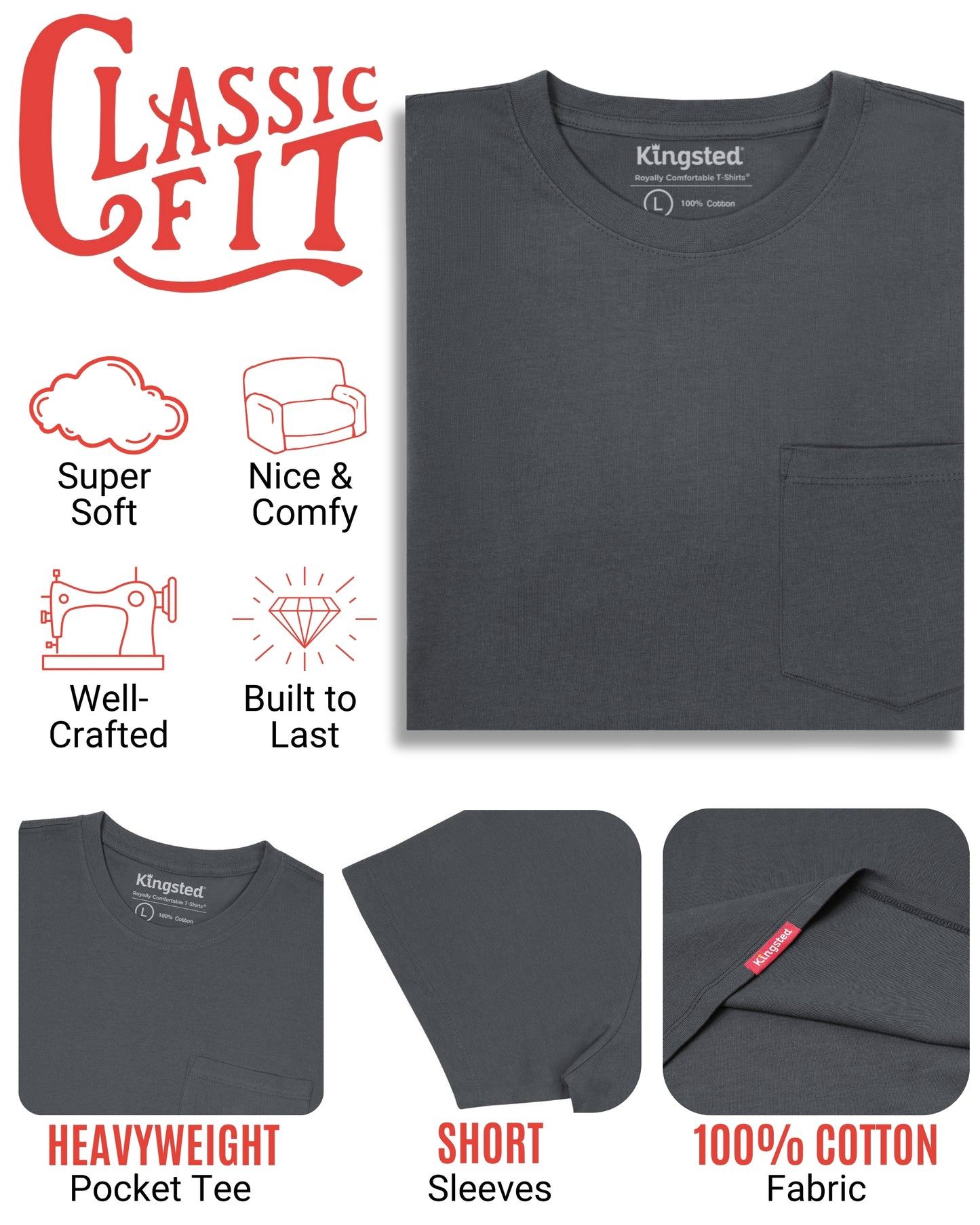Short Sleeve Pocket T-Shirts (Charcoal) - Kingsted