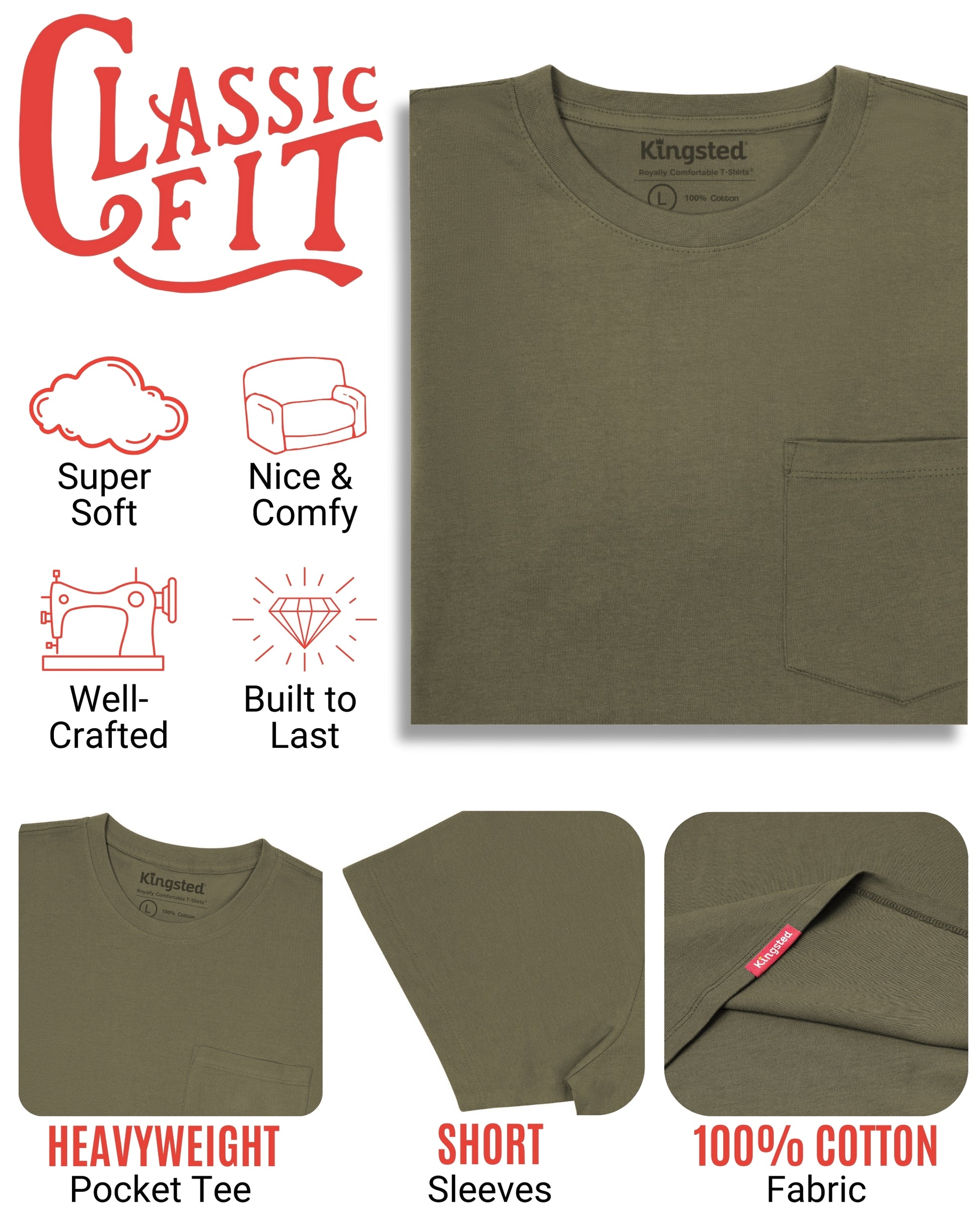 Short Sleeve Pocket T-Shirts (Olive Green) - Kingsted
