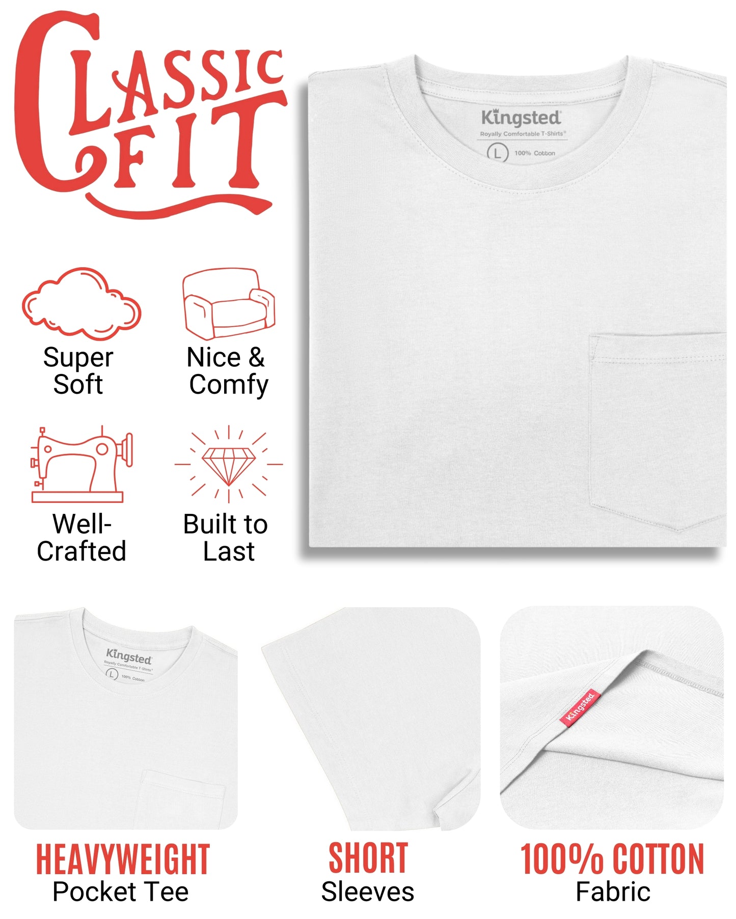 Short Sleeve Pocket T-Shirts (White) - Kingsted