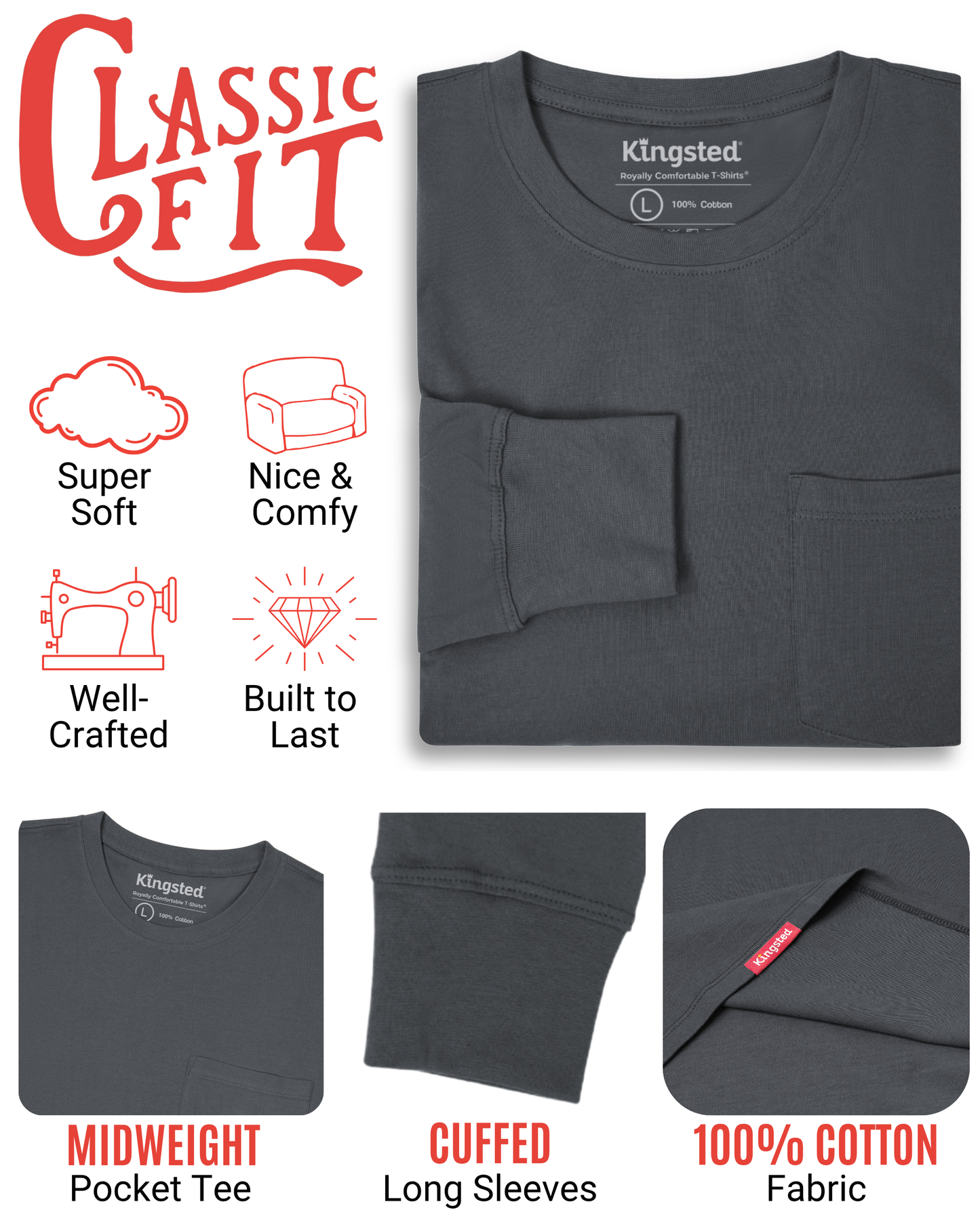 Long Sleeve Pocket T-Shirts (Charcoal)