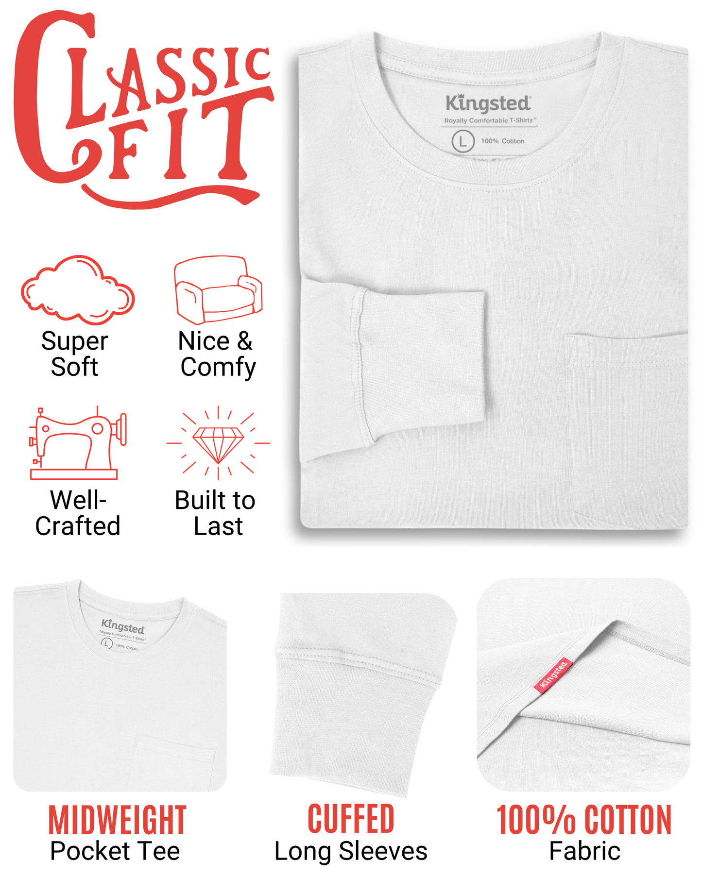 Long Sleeve Pocket T-Shirts Multipack (White 3-Pack)