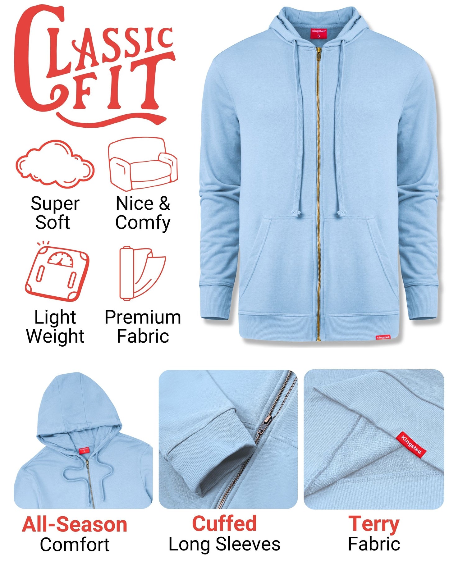 Lightweight Terry Zip Hoodie (Carolina Blue)