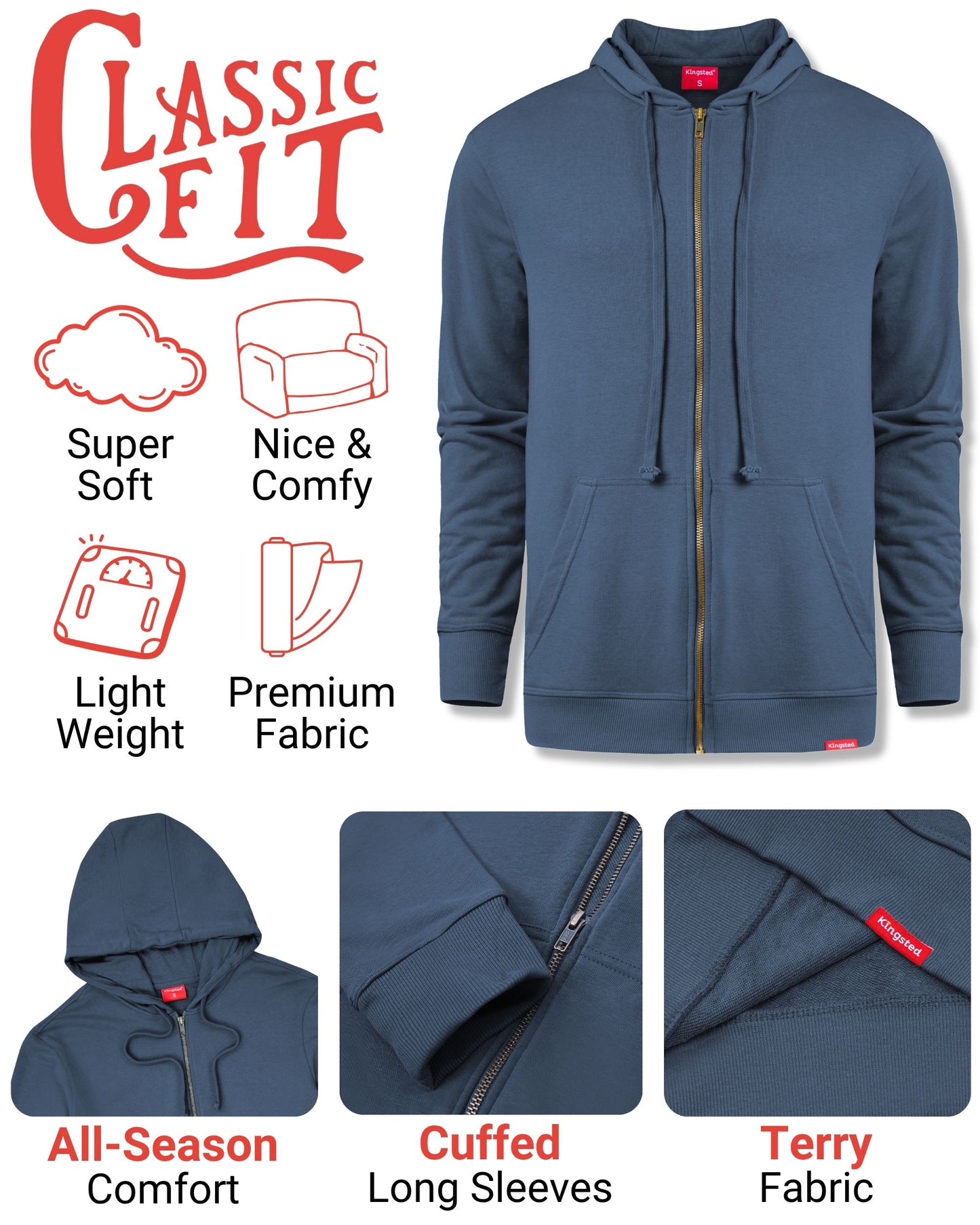 Lightweight Terry Zip Hoodie (Navy Blue)