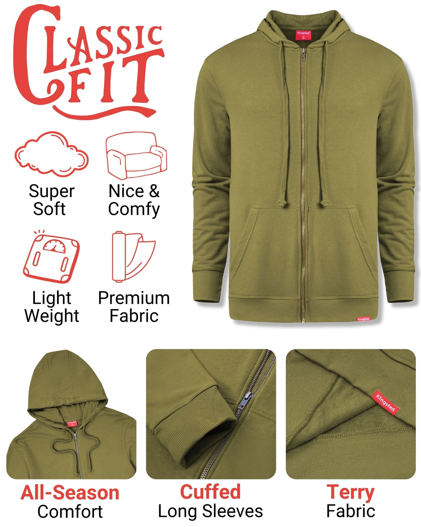 Lightweight Terry Zip Hoodie (Olive Green)