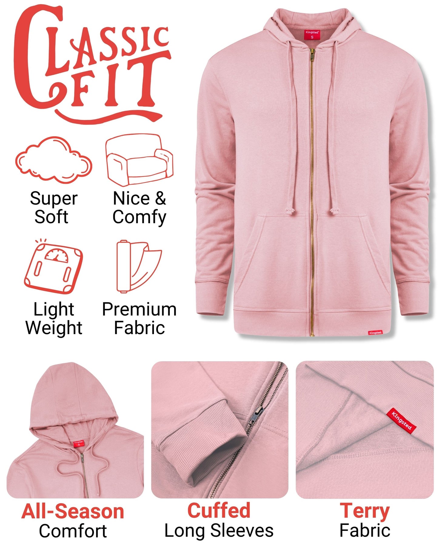 Lightweight Terry Zip Hoodie (Pink)