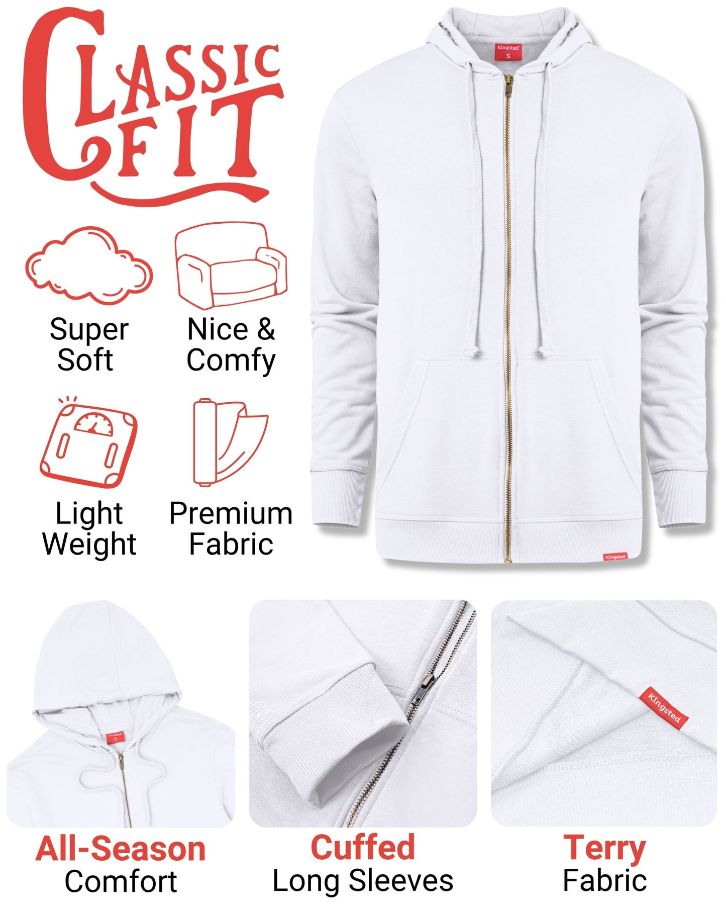 Lightweight Terry Zip Hoodie (White)